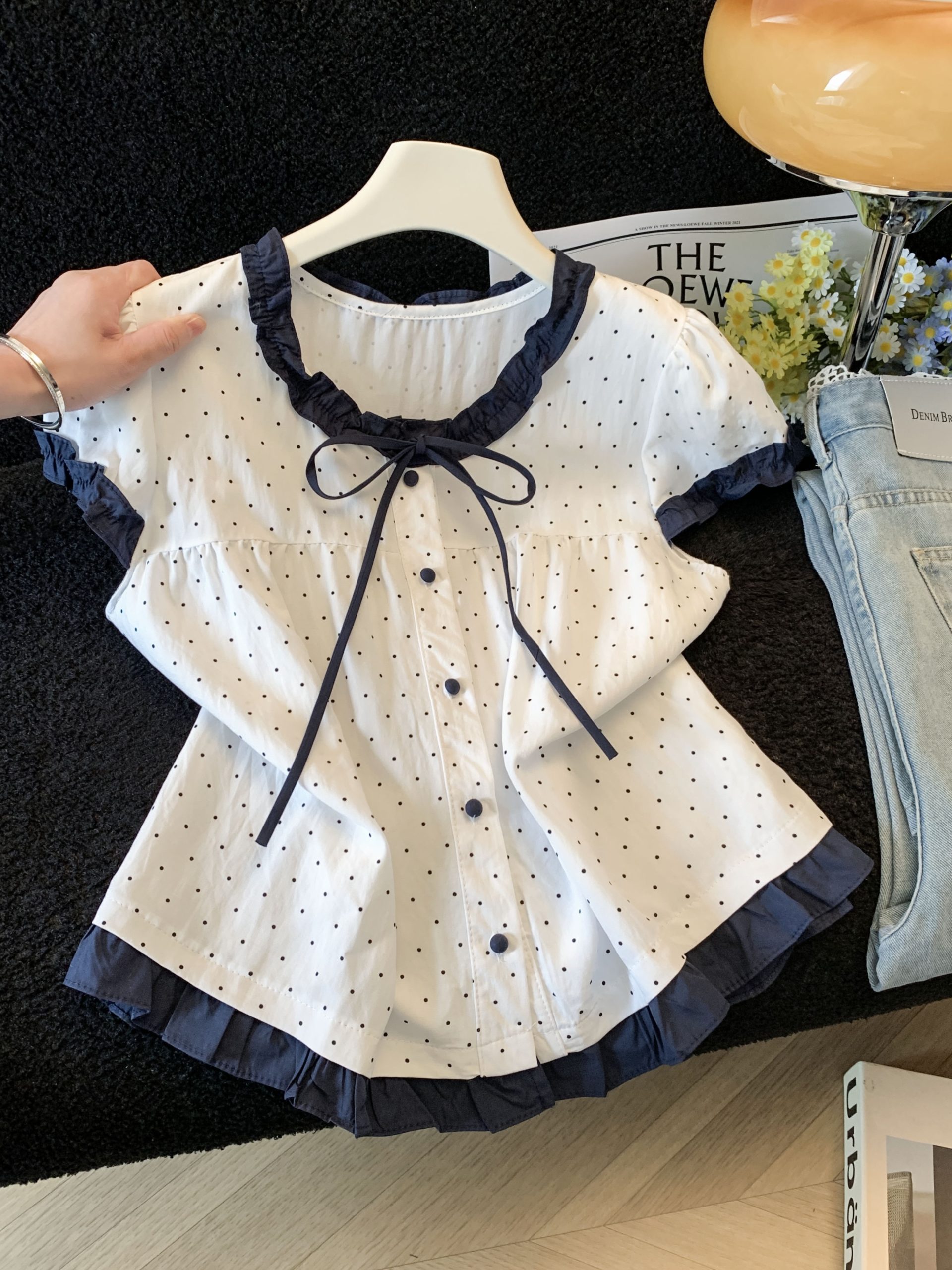 French Ruffle Tie Polka Dot Color Block Short Sleeve Shirt Women Summer 2026 New Sweet Doll Top