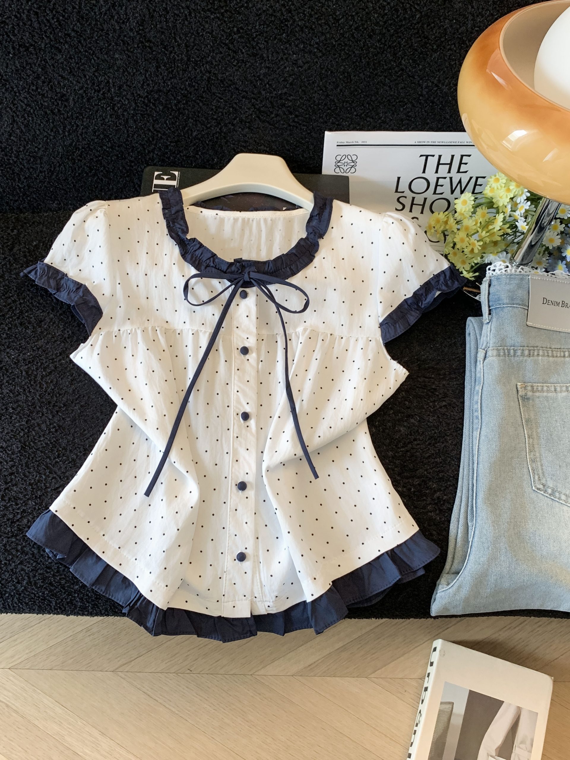 French Ruffle Tie Polka Dot Color Block Short Sleeve Shirt Women Summer 2026 New Sweet Doll Top - Image 2