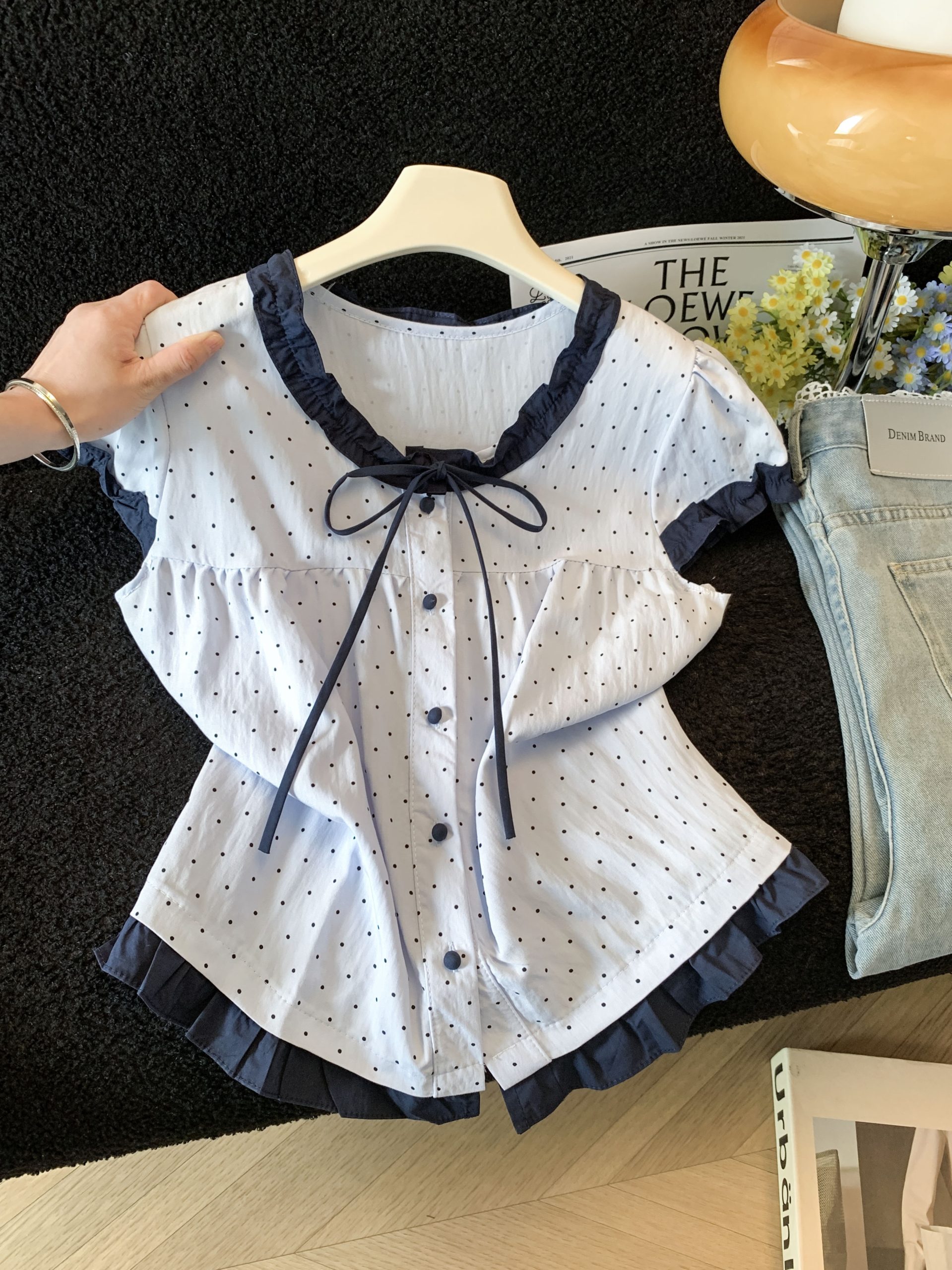 French Ruffle Tie Polka Dot Color Block Short Sleeve Shirt Women Summer 2026 New Sweet Doll Top - Image 3