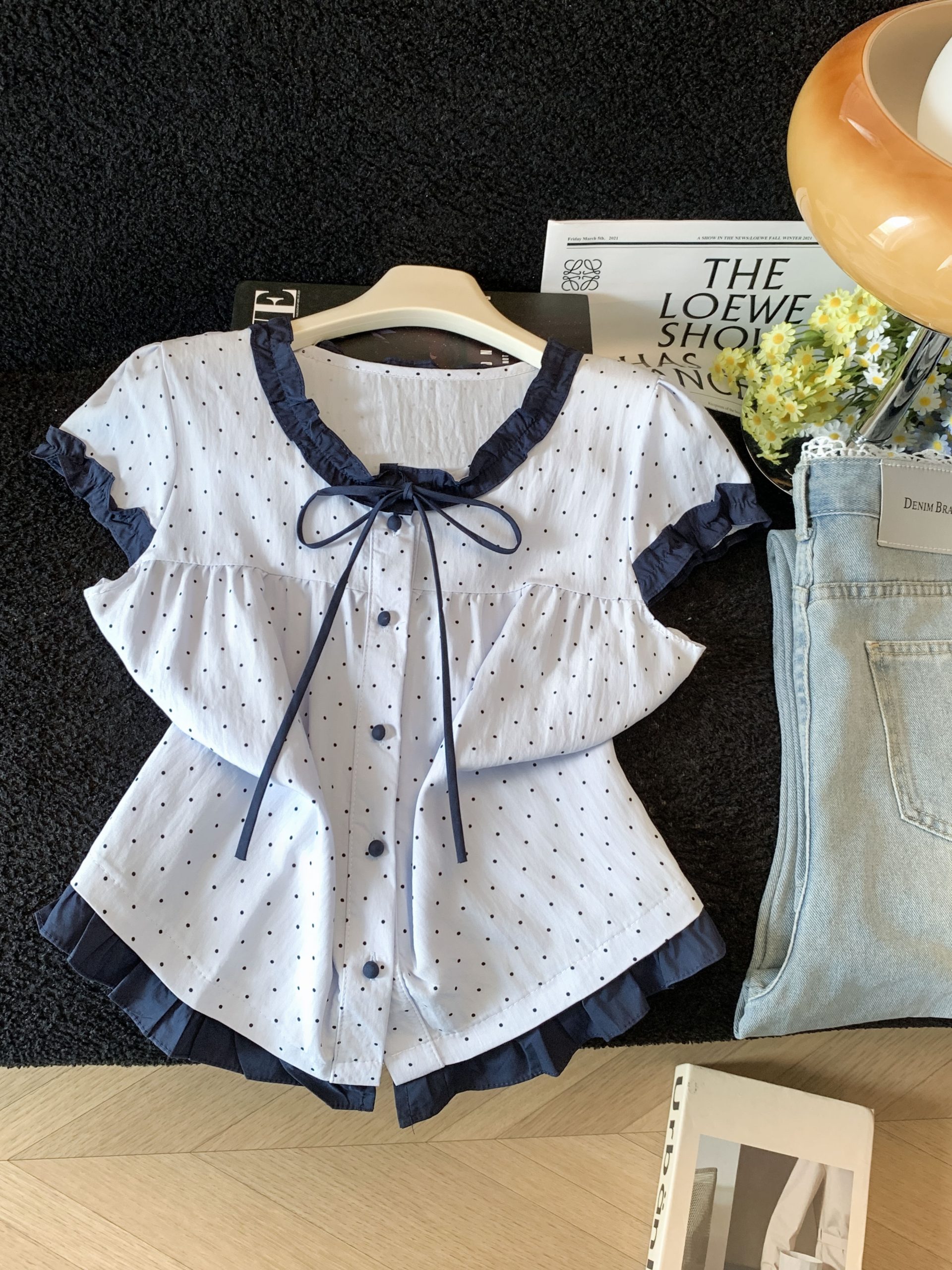 French Ruffle Tie Polka Dot Color Block Short Sleeve Shirt Women Summer 2026 New Sweet Doll Top - Image 4