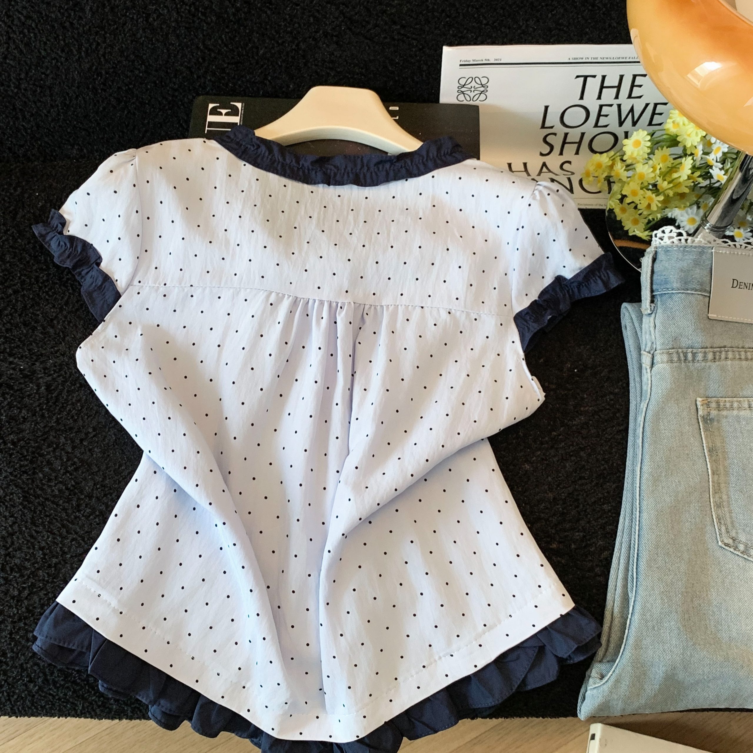 French Ruffle Tie Polka Dot Color Block Short Sleeve Shirt Women Summer 2026 New Sweet Doll Top - Image 5