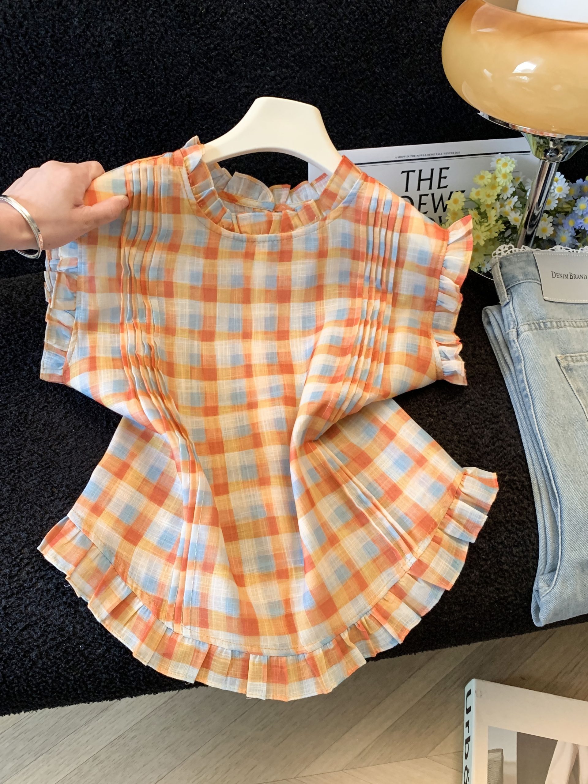 Korean Plaid Sleeveless Shirt Women 2026 Summer Ruffle Top