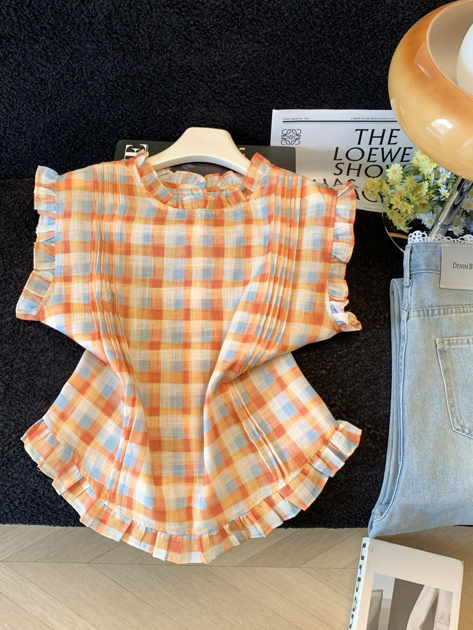 Korean Plaid Sleeveless Shirt Women 2026 Summer Ruffle Top - Image 2