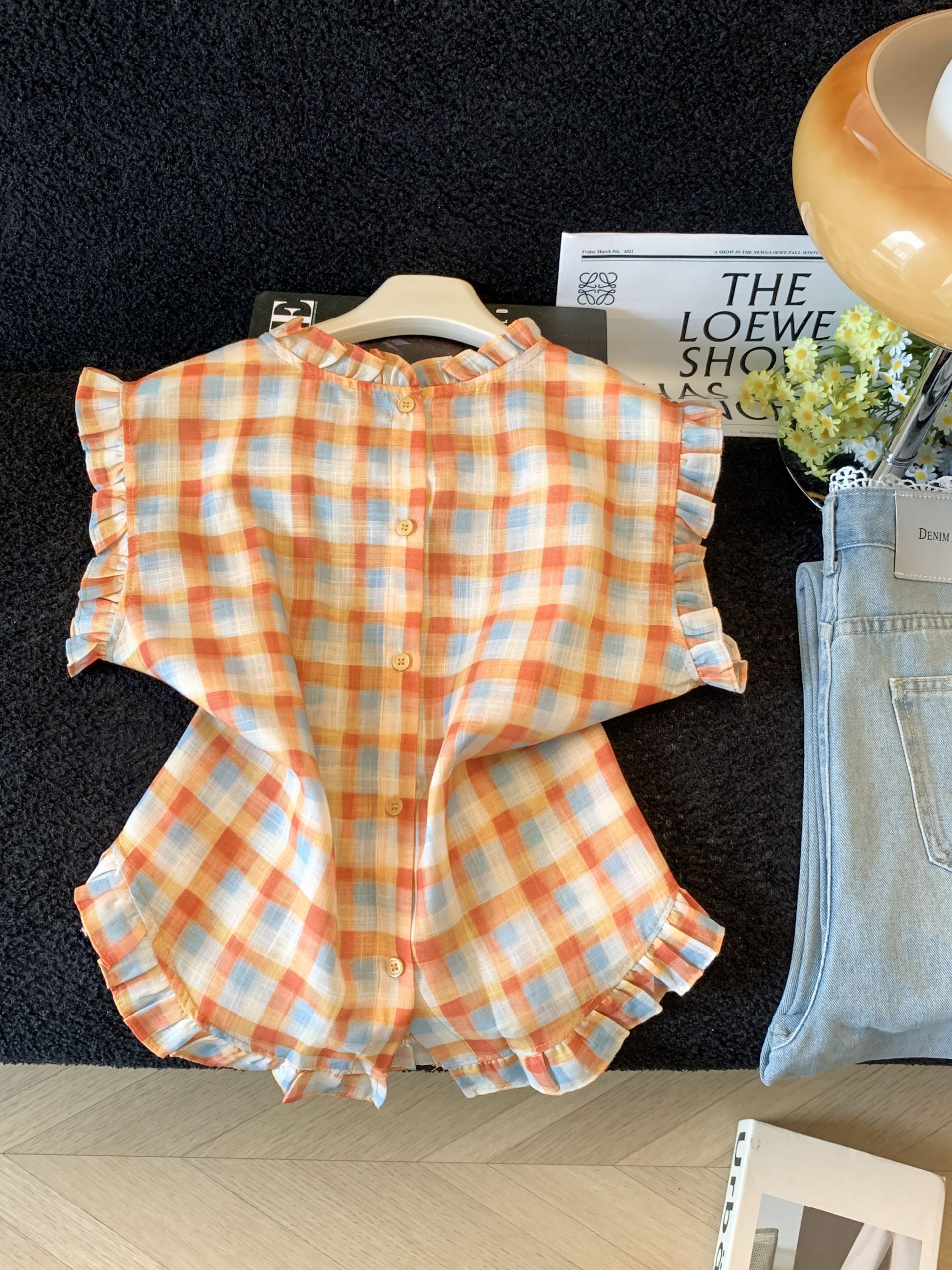 Korean Plaid Sleeveless Shirt Women 2026 Summer Ruffle Top - Image 3