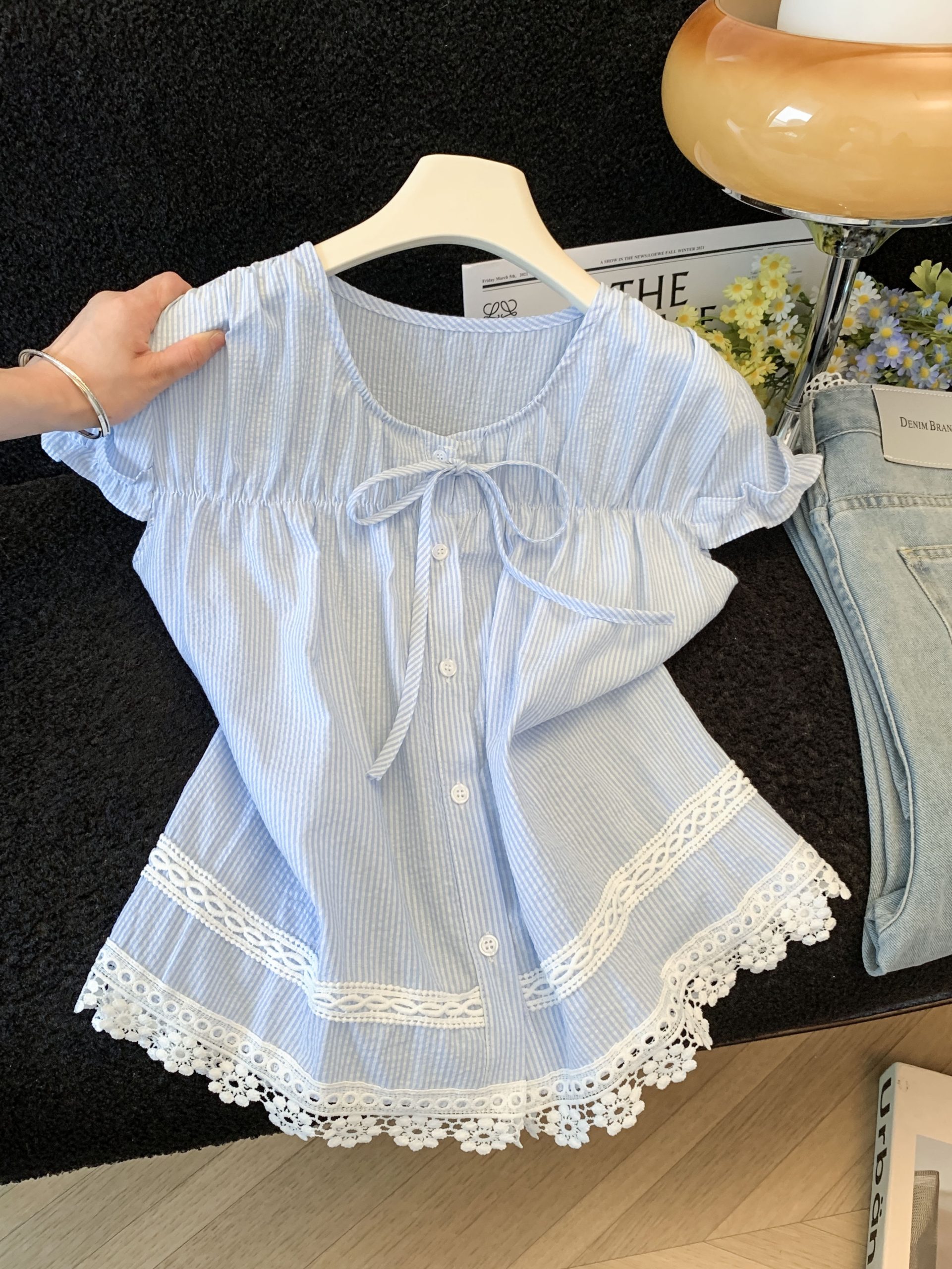 Korean Sweet Lace Trim Short Sleeve Bow Tie Blouse 2026 Summer