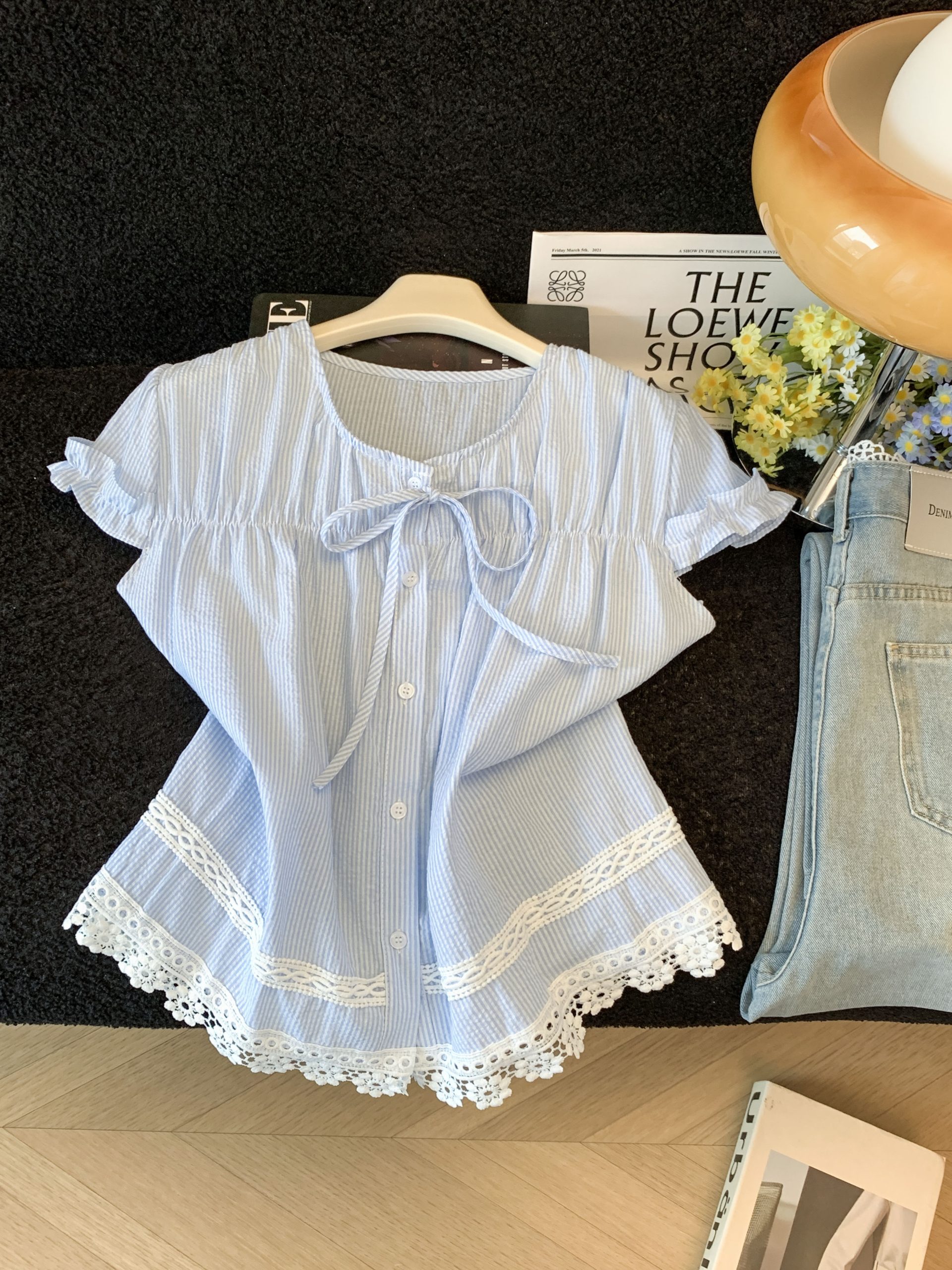 Korean Sweet Lace Trim Short Sleeve Bow Tie Blouse 2026 Summer - Image 2