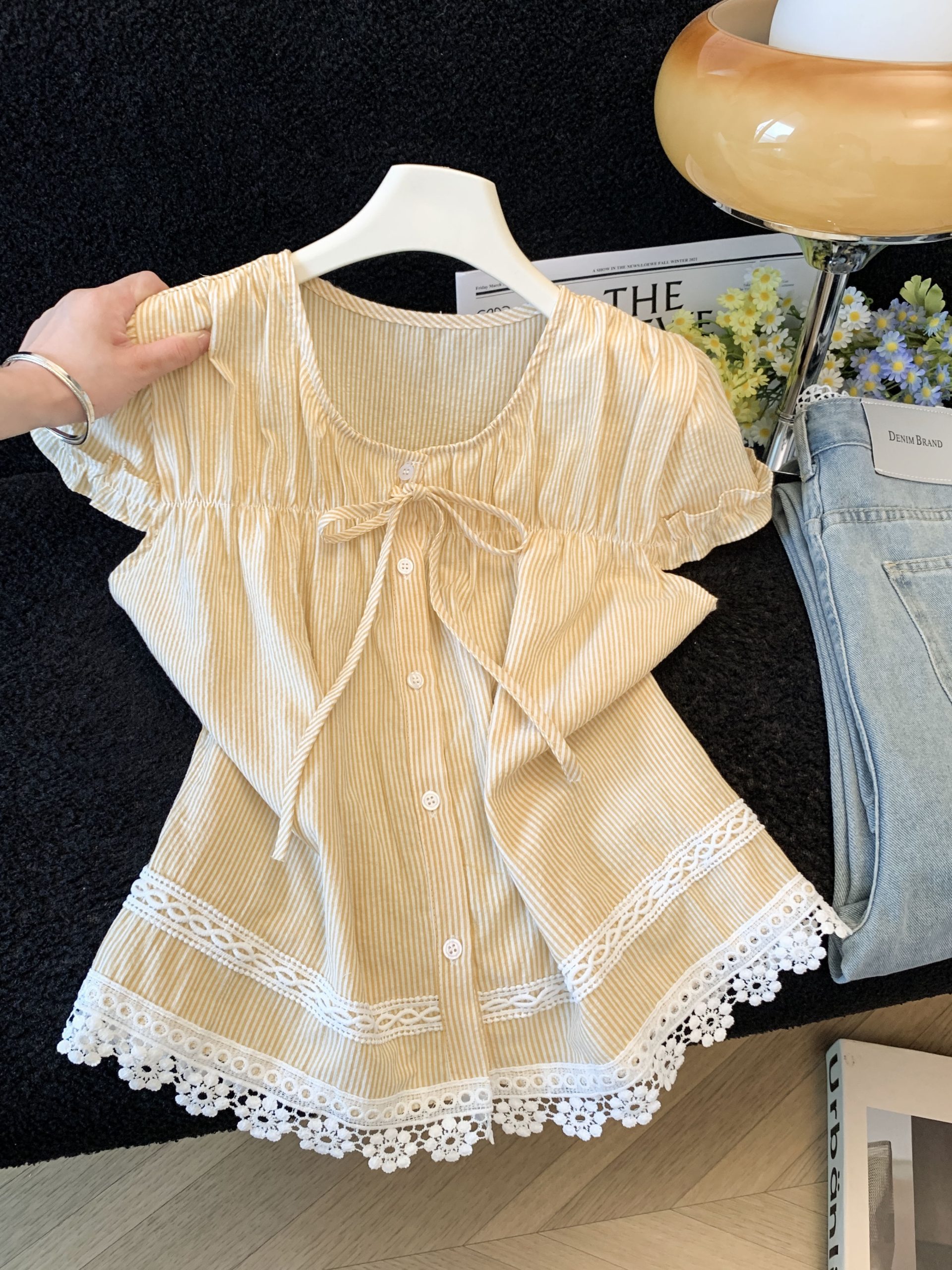 Korean Sweet Lace Trim Short Sleeve Bow Tie Blouse 2026 Summer - Image 3