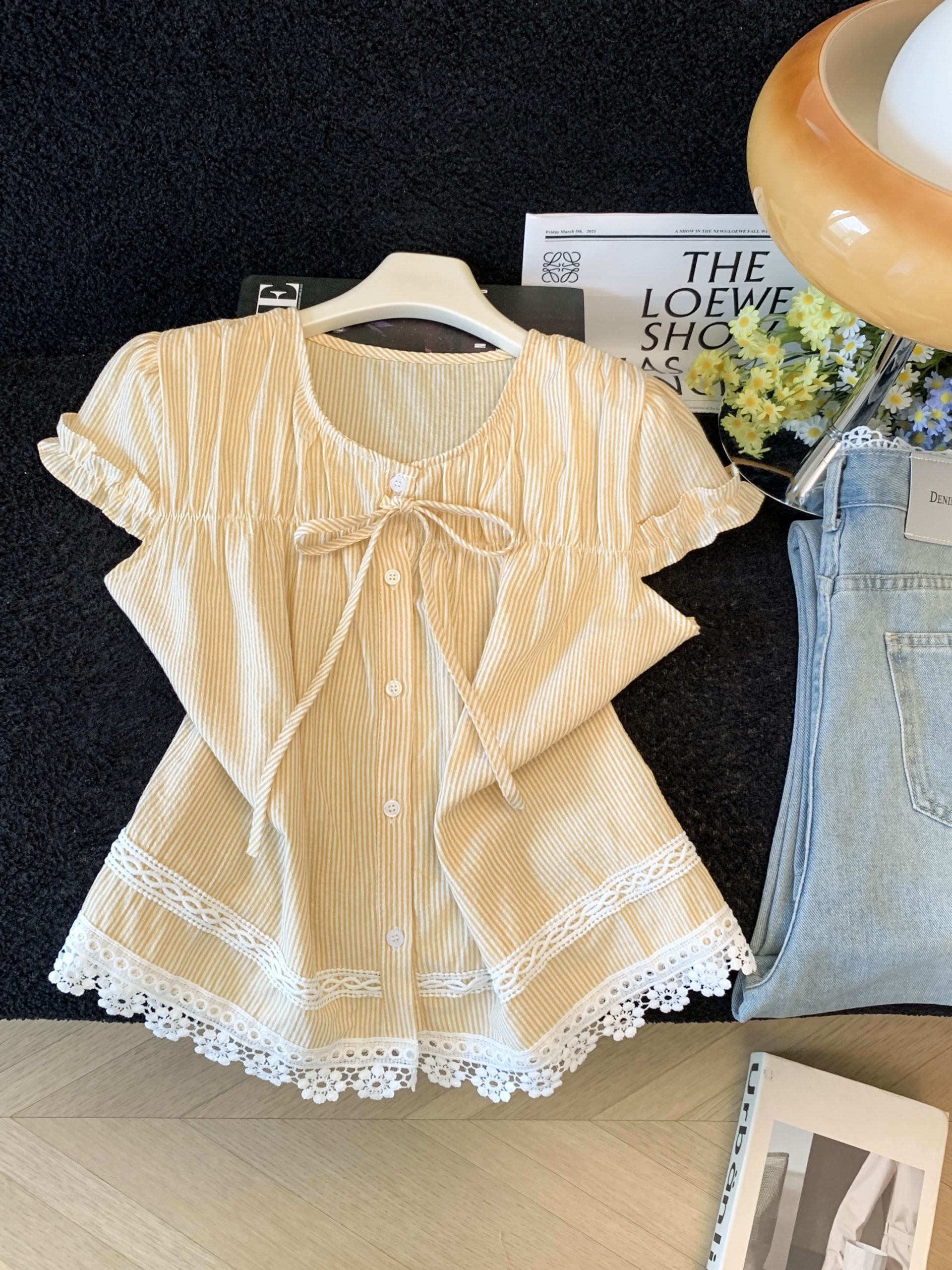 Korean Sweet Lace Trim Short Sleeve Bow Tie Blouse 2026 Summer - Image 4