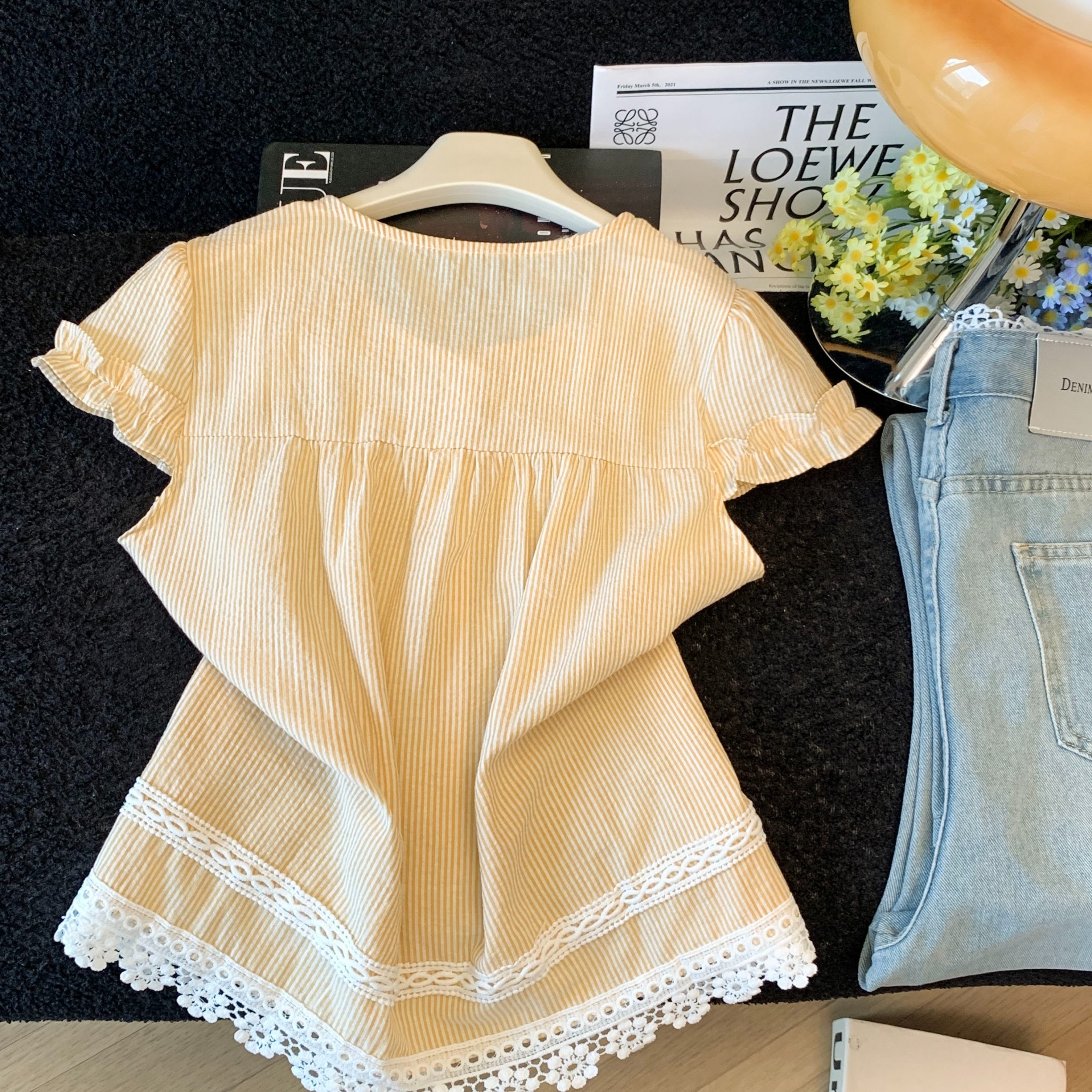 Korean Sweet Lace Trim Short Sleeve Bow Tie Blouse 2026 Summer - Image 5