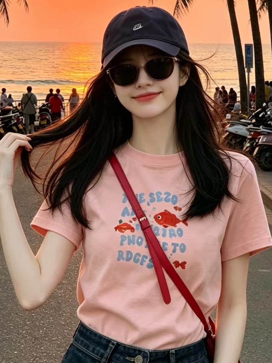 Women's Casual Pink Cartoon Print Short Sleeve T-Shirt 2026 Summer Dopamine Top for Beach - Image 4