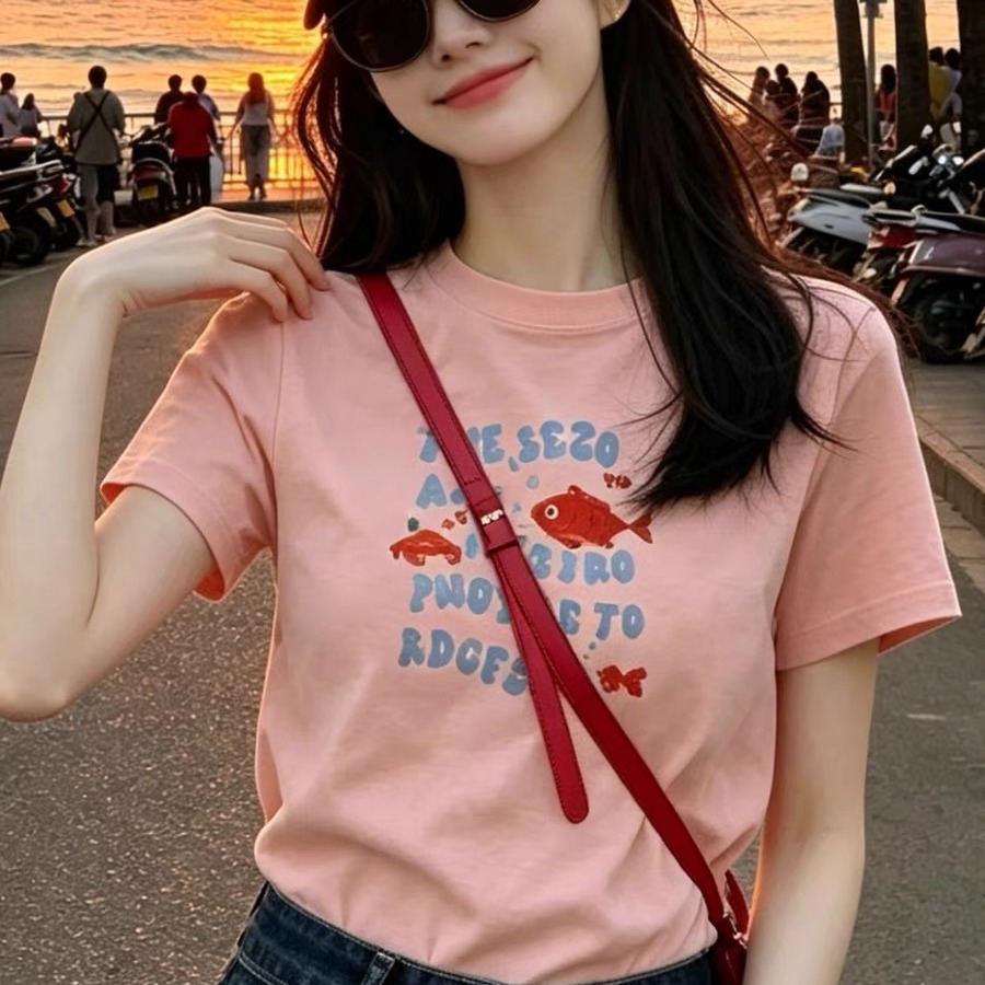 Women's Casual Pink Cartoon Print Short Sleeve T-Shirt 2026 Summer Dopamine Top for Beach - Image 5
