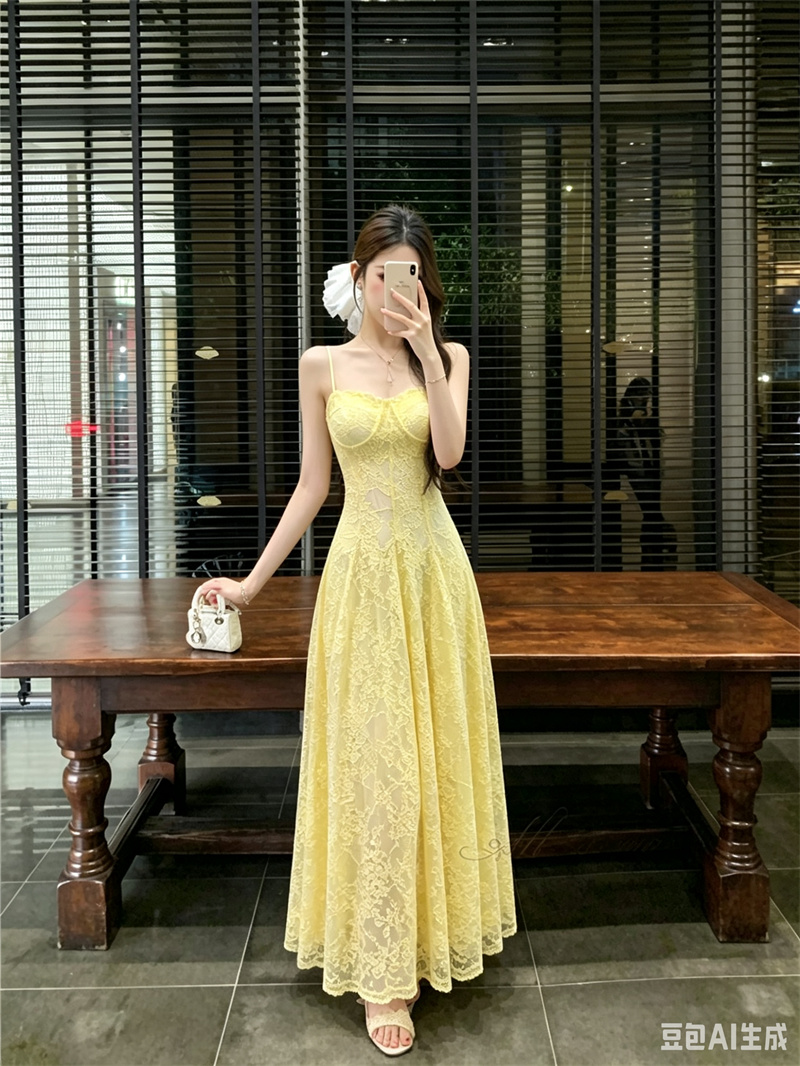 French Lace Spliced Cami Dress Women Summer Slim Waist Vacation Long Dress - Image 2