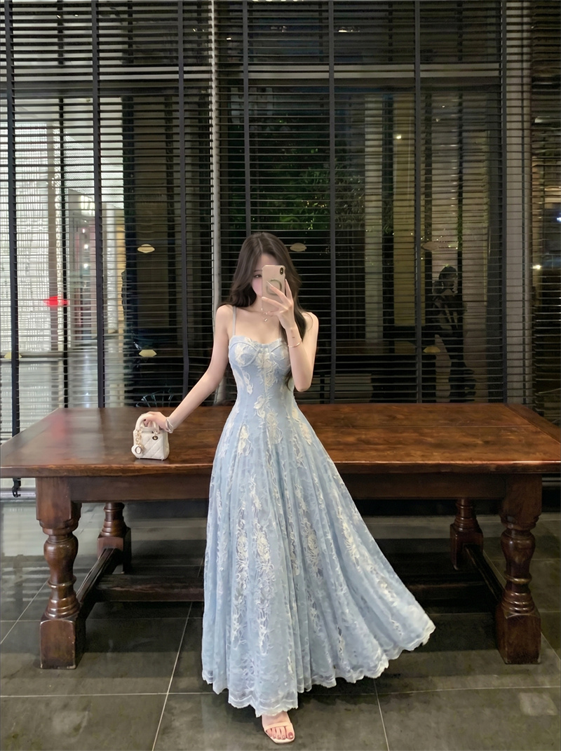 French Lace Spliced Cami Dress Women Summer Slim Waist Vacation Long Dress - Image 3