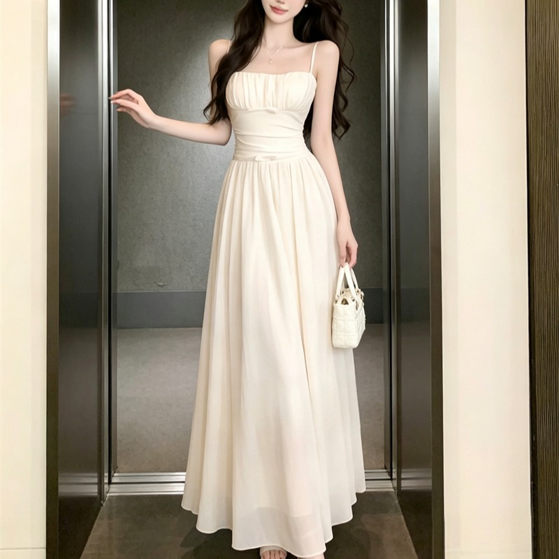 French Vintage Sleeveless Dress Summer 2026 Elegant Cinched Waist Beach Vacation Long Dress - Image 5