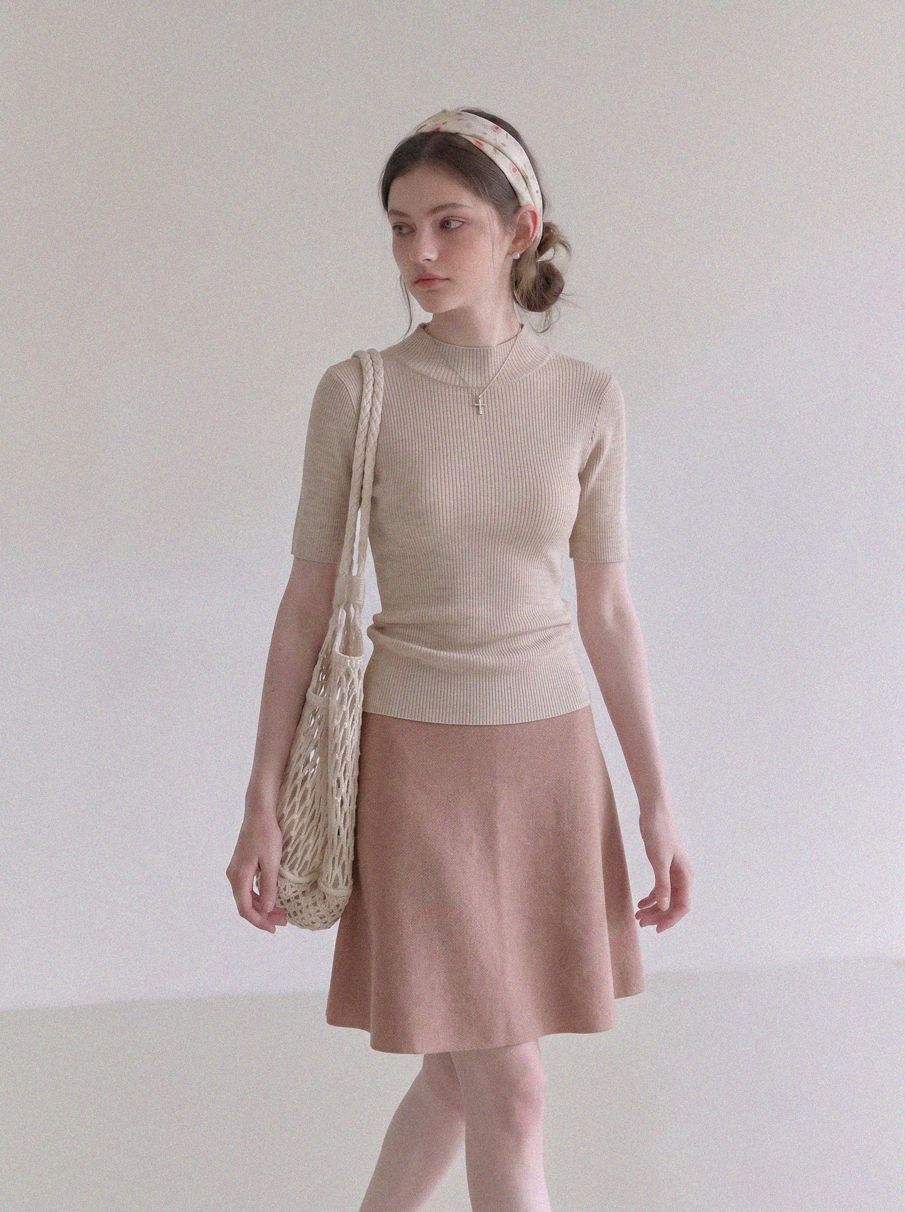 Women's French Style Two-Piece Knit Set with Half-High Neck Short Sleeve Top - Image 2