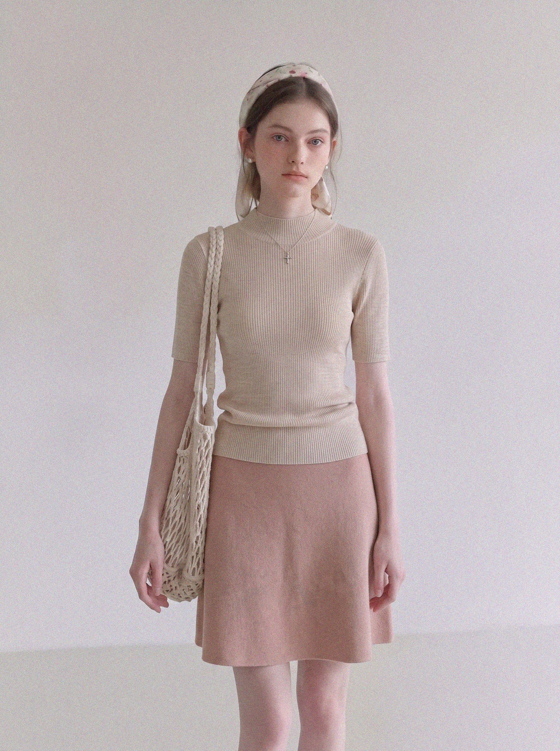 Women's French Style Two-Piece Knit Set with Half-High Neck Short Sleeve Top