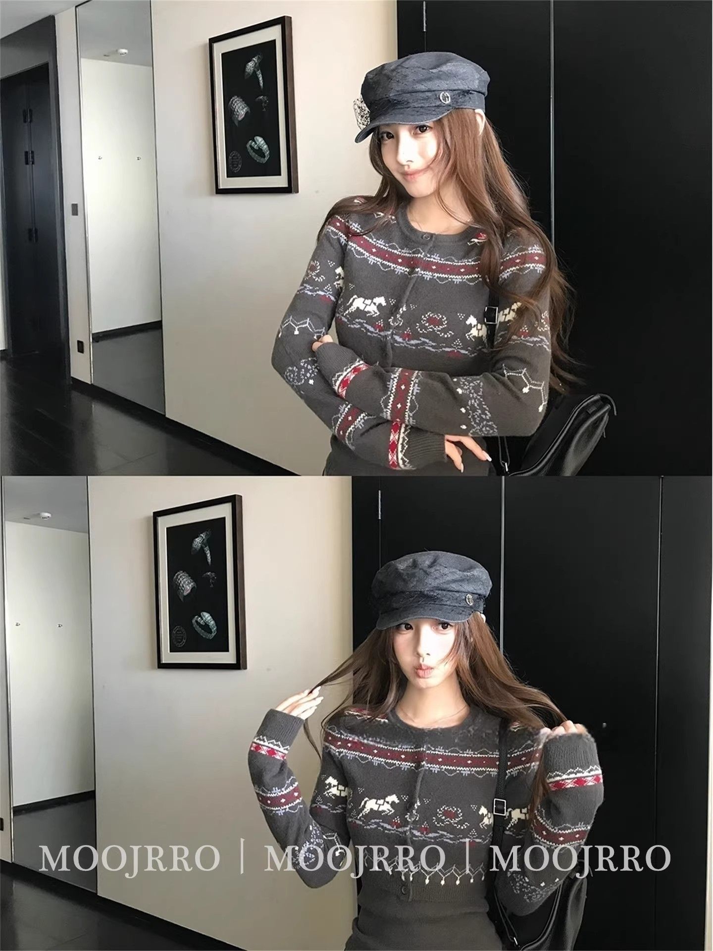Gray Fair Isle Sweater Cardigan Women's Autumn Knit Two-Piece Set with Cami Top - Image 4