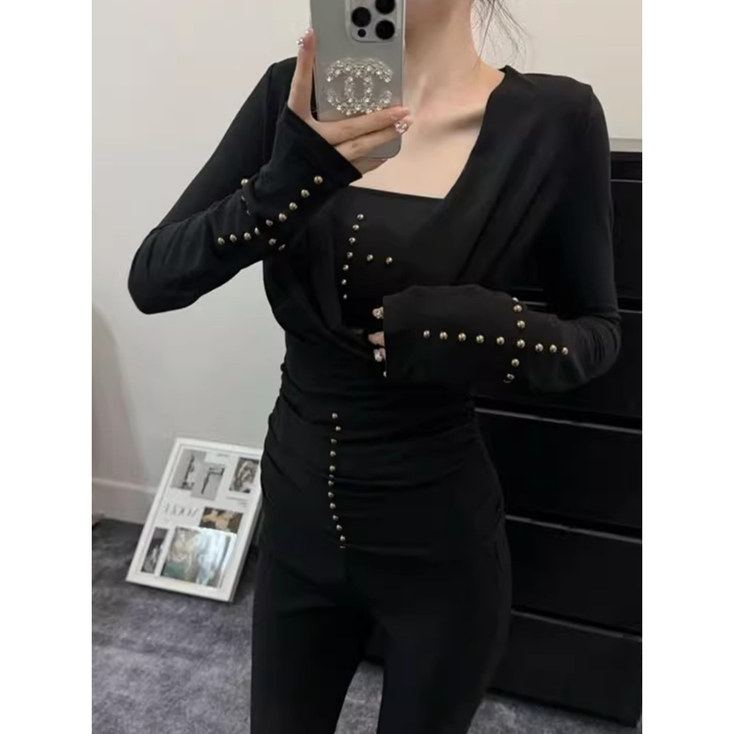 Black Two-Piece Top Set for Women Autumn Winter Elegant Slim Fit